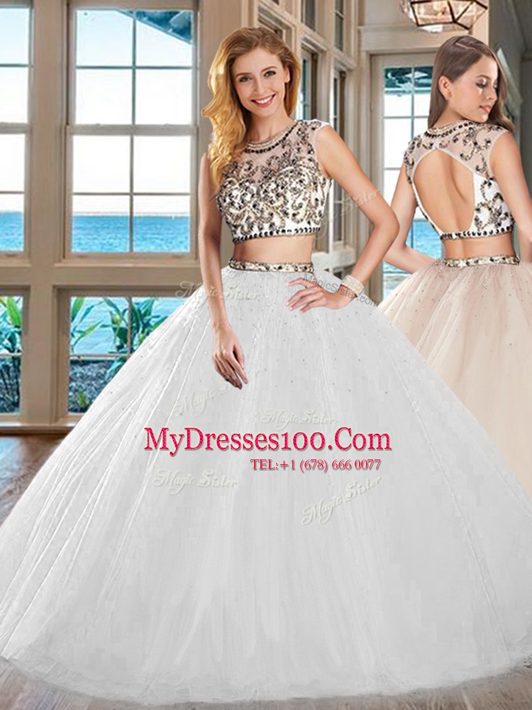 Scoop White Cap Sleeves Floor Length Beading Backless 15 Quinceanera Dress