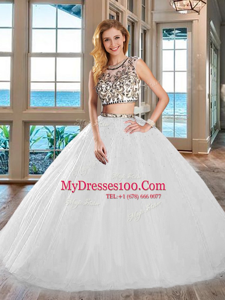 Scoop White Cap Sleeves Floor Length Beading Backless 15 Quinceanera Dress