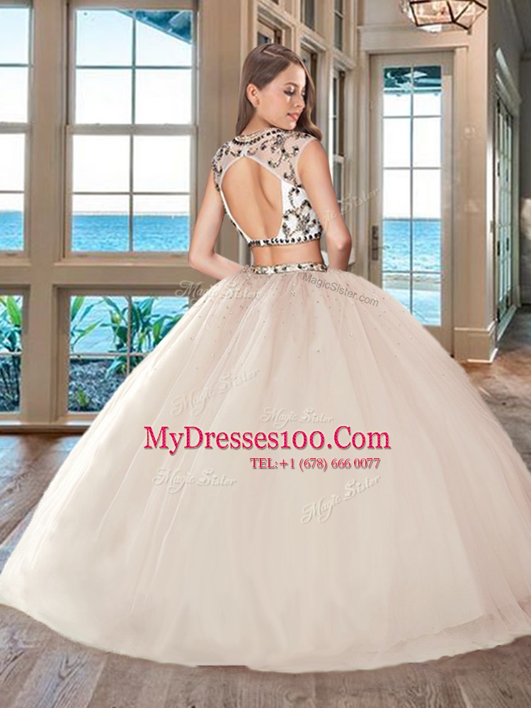 Scoop White Cap Sleeves Floor Length Beading Backless 15 Quinceanera Dress