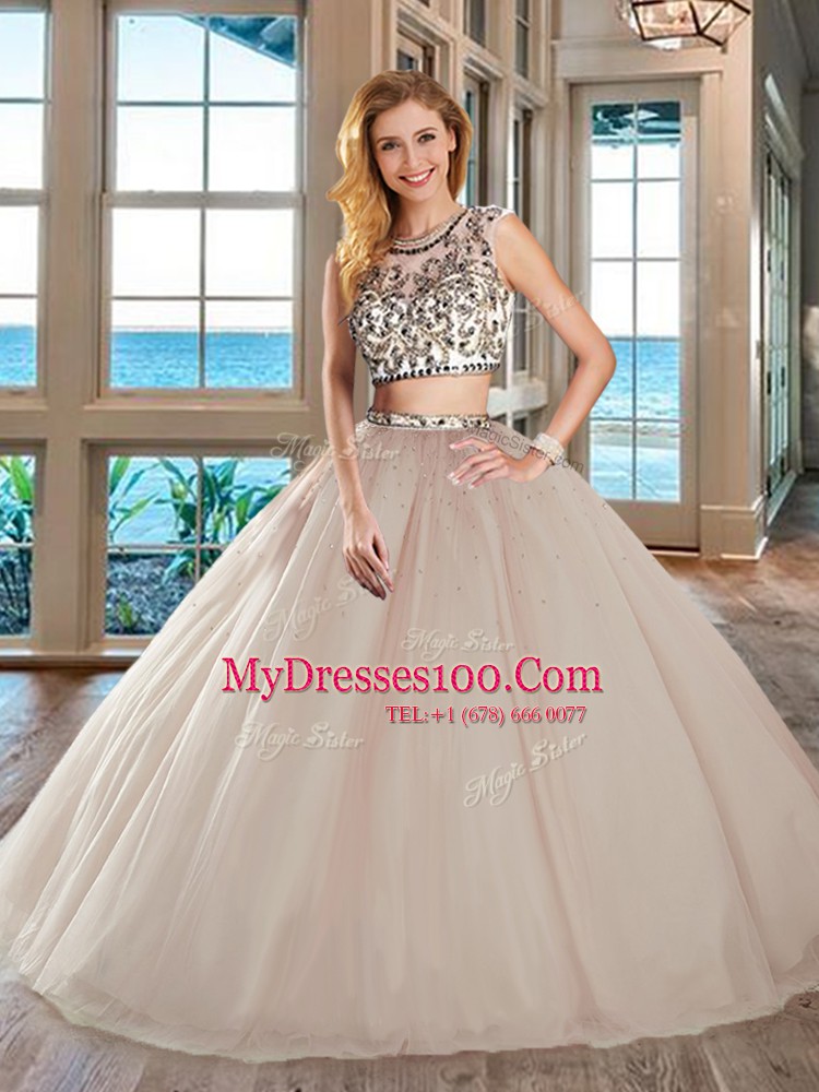 Scoop White Cap Sleeves Floor Length Beading Backless 15 Quinceanera Dress
