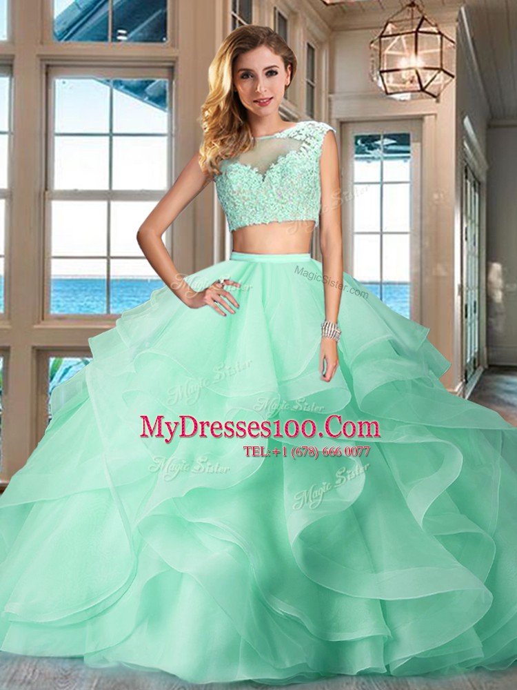 Sweet Tulle Bateau Cap Sleeves Zipper Appliques and Ruffles Sweet 16 Dress in Apple Green