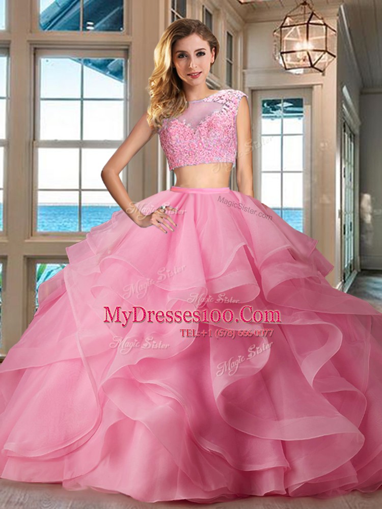 Sweet Tulle Bateau Cap Sleeves Zipper Appliques and Ruffles Sweet 16 Dress in Apple Green