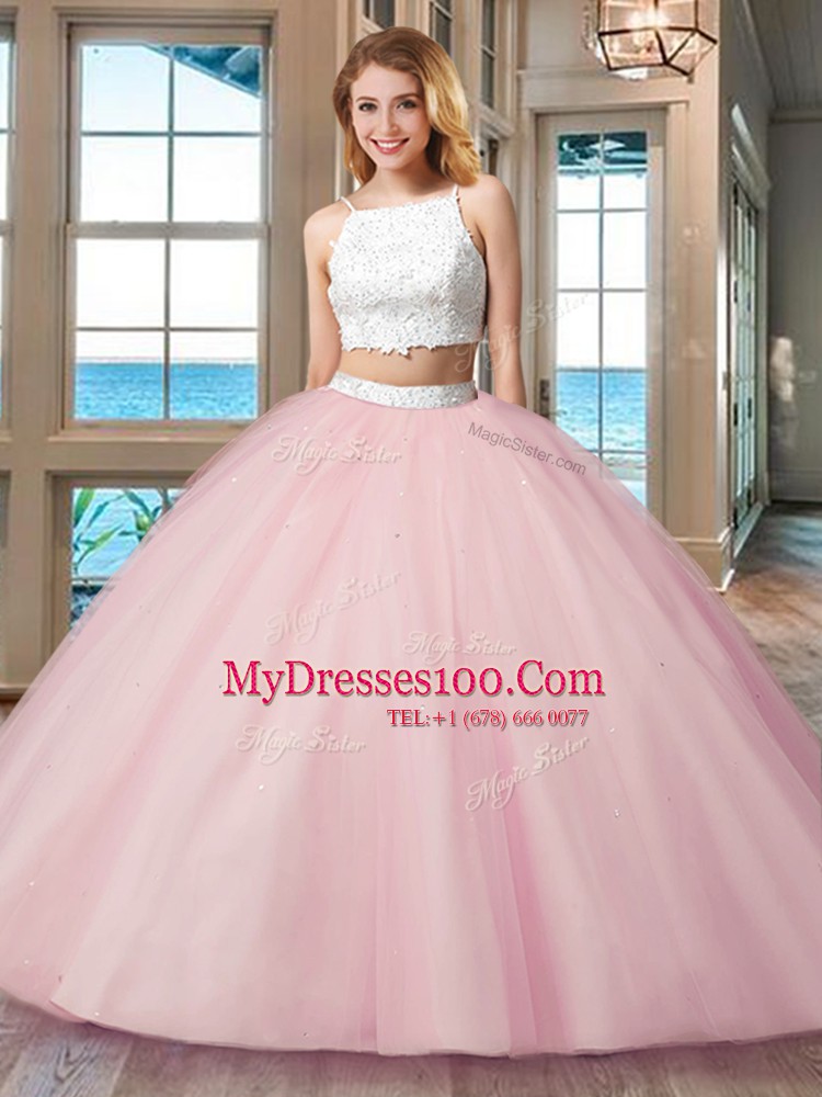 Admirable Pink Straps Neckline Beading Quince Ball Gowns Sleeveless Backless