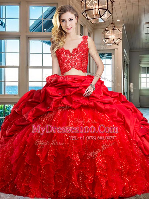 Flare Red Zipper V-neck Lace and Ruffles and Pick Ups Sweet 16 Quinceanera Dress Taffeta and Tulle Sleeveless Brush Train