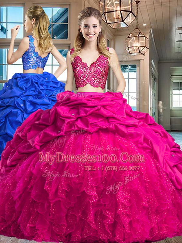 Fuchsia Sleeveless Brush Train Lace and Ruffles and Pick Ups Ball Gown Prom Dress