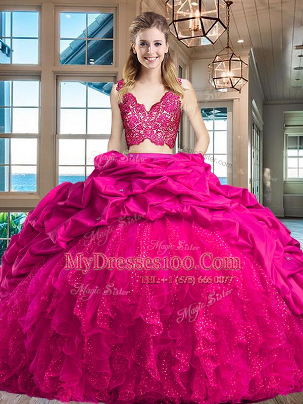 Fuchsia Sleeveless Brush Train Lace and Ruffles and Pick Ups Ball Gown Prom Dress