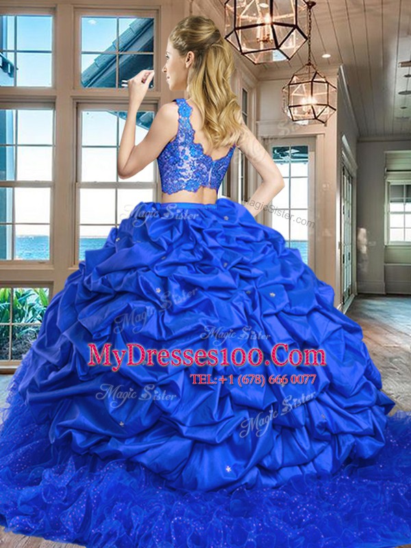 Fuchsia Sleeveless Brush Train Lace and Ruffles and Pick Ups Ball Gown Prom Dress