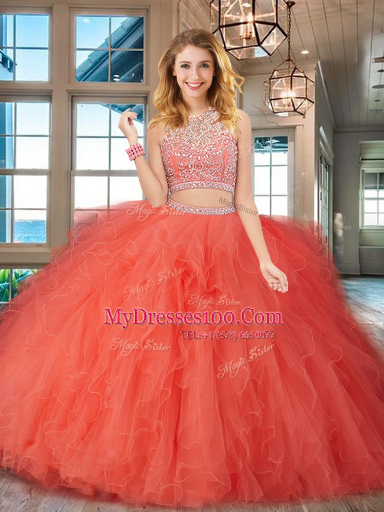 Scoop Floor Length Two Pieces Sleeveless Orange Red Quinceanera Dress Backless