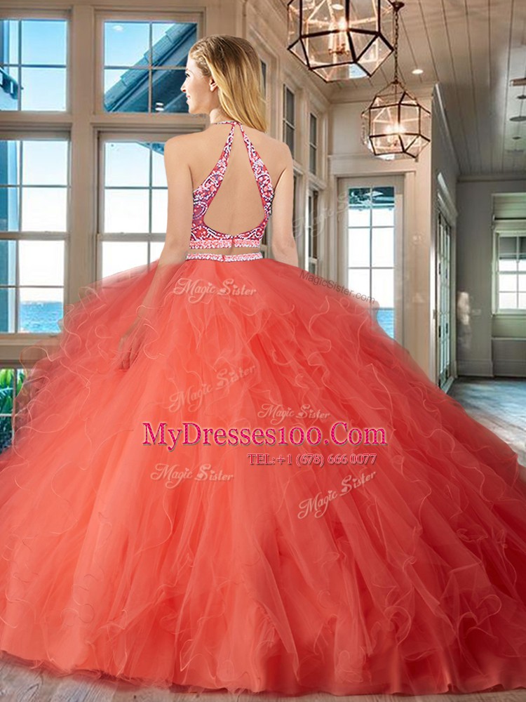 Scoop Floor Length Two Pieces Sleeveless Orange Red Quinceanera Dress Backless