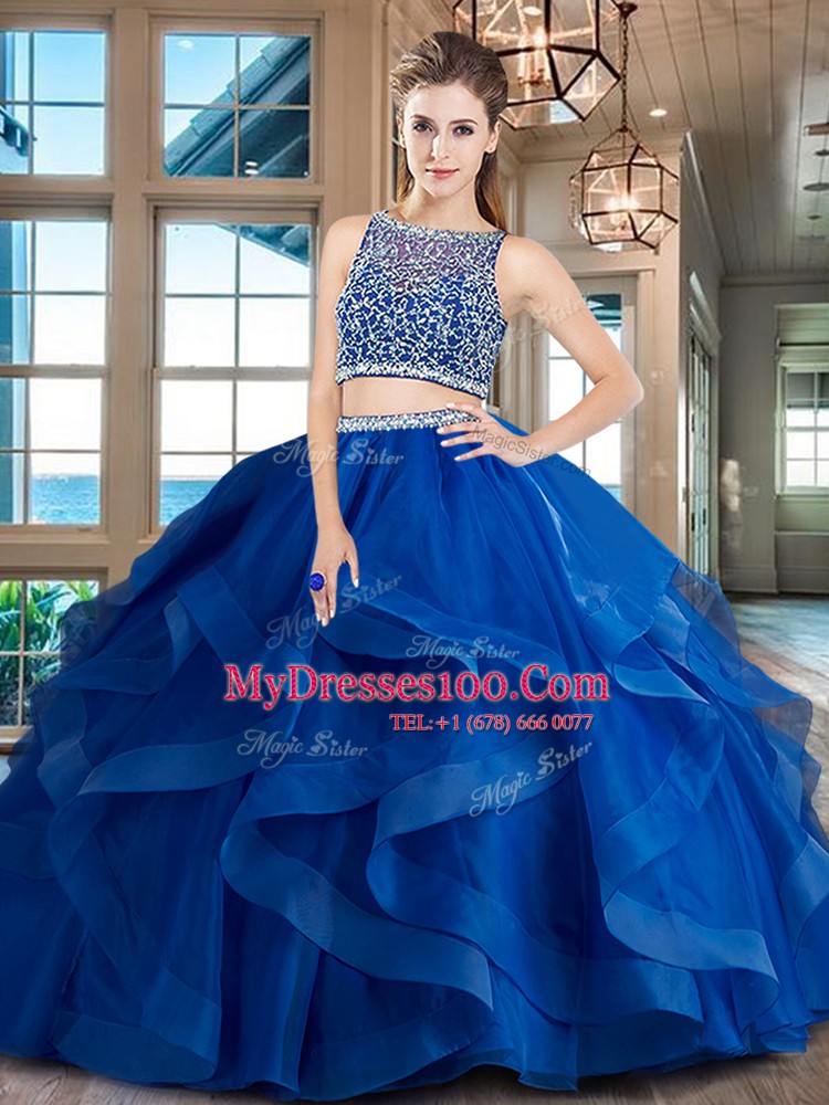 Most Popular Red Two Pieces Beading and Ruffles 15th Birthday Dress Side Zipper Tulle Sleeveless Floor Length