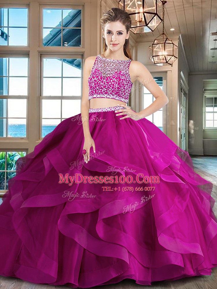 Most Popular Red Two Pieces Beading and Ruffles 15th Birthday Dress Side Zipper Tulle Sleeveless Floor Length