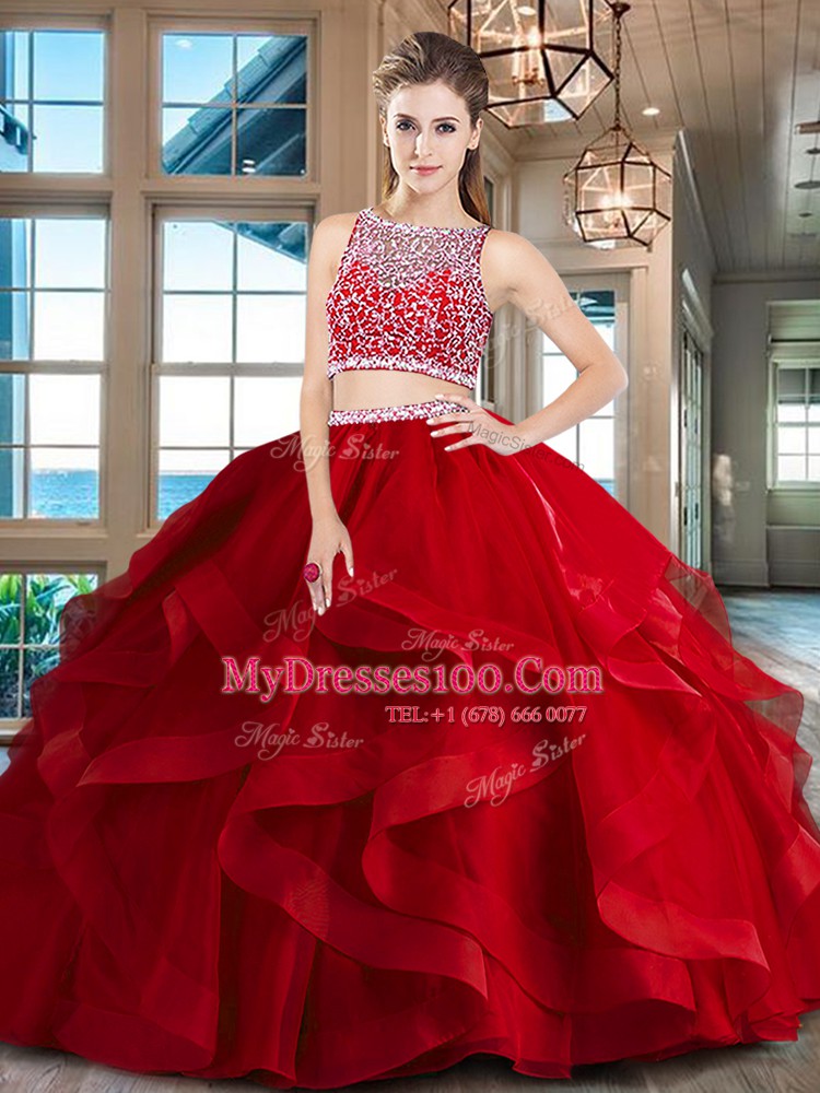 Most Popular Red Two Pieces Beading and Ruffles 15th Birthday Dress Side Zipper Tulle Sleeveless Floor Length