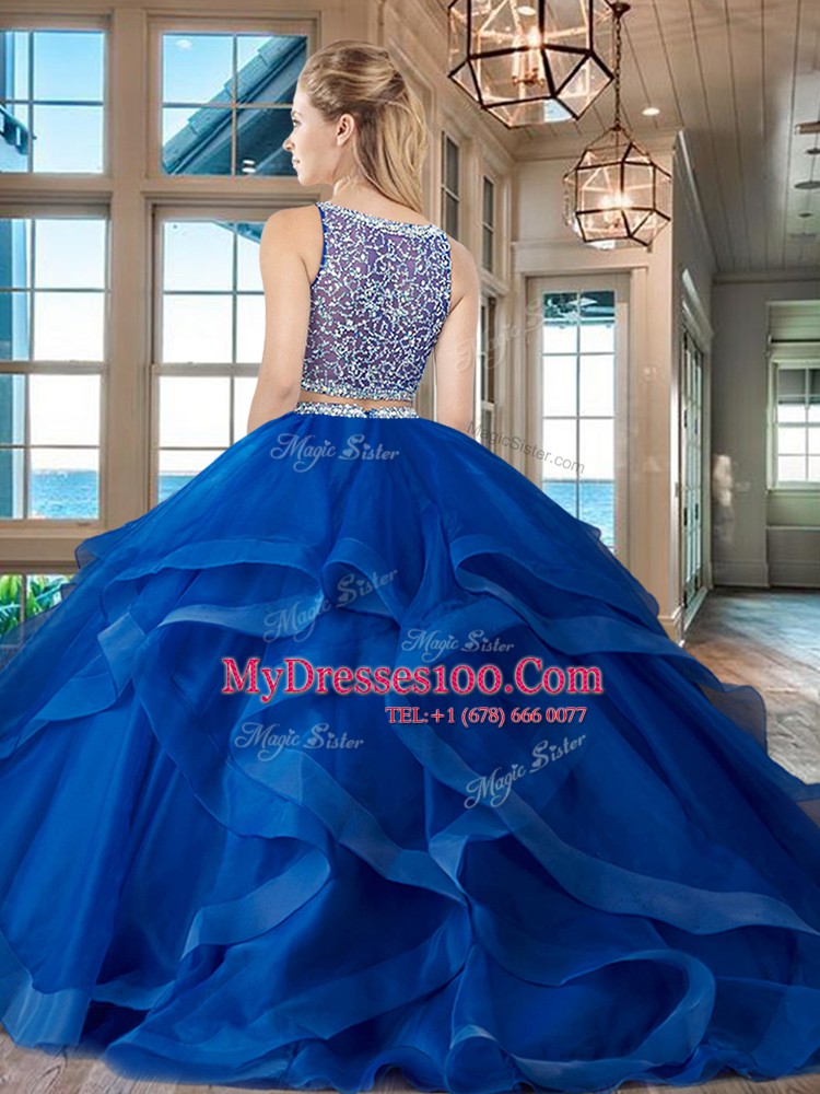 Most Popular Red Two Pieces Beading and Ruffles 15th Birthday Dress Side Zipper Tulle Sleeveless Floor Length