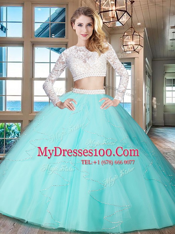 Best Scoop Floor Length Two Pieces Long Sleeves Aqua Blue 15th Birthday Dress Zipper