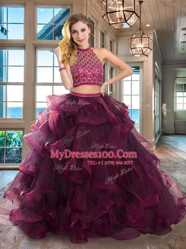 Dark Purple Halter Top Backless Beading and Ruffles Quinceanera Gown Brush Train Sleeveless