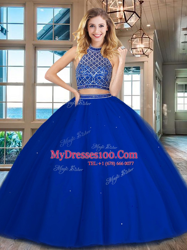 Shining Royal Blue Halter Top Backless Beading Quince Ball Gowns Sleeveless