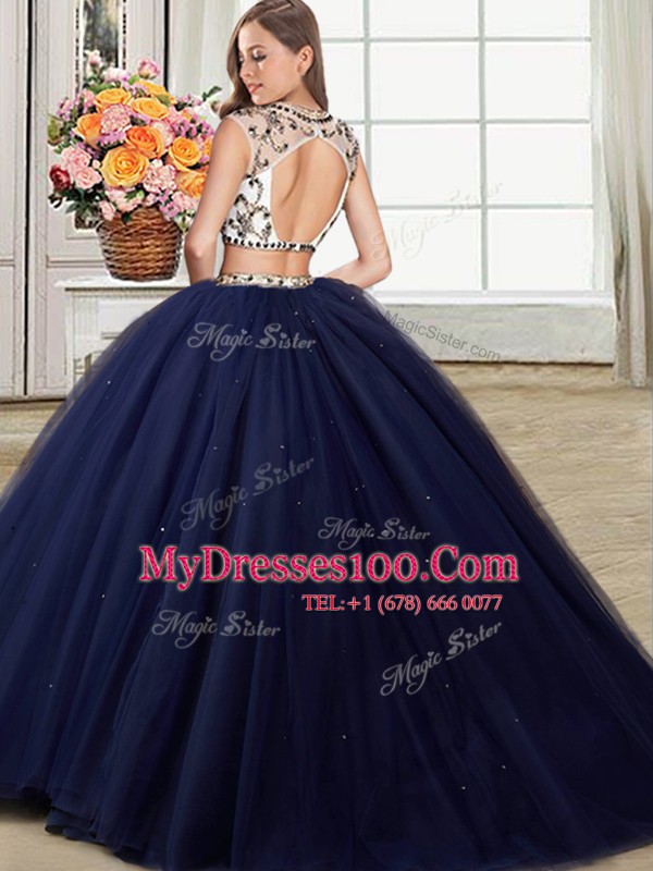 Three Piece Scoop Beading Vestidos de Quinceanera Navy Blue Backless Cap Sleeves With Brush Train
