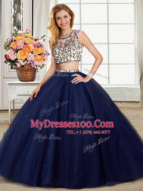 Three Piece Scoop Beading Vestidos de Quinceanera Navy Blue Backless Cap Sleeves With Brush Train