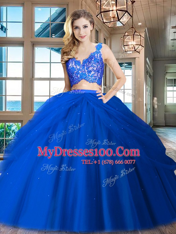 Ruffled Royal Blue Sleeveless Tulle Zipper Quinceanera Gowns for Military Ball and Sweet 16 and Quinceanera