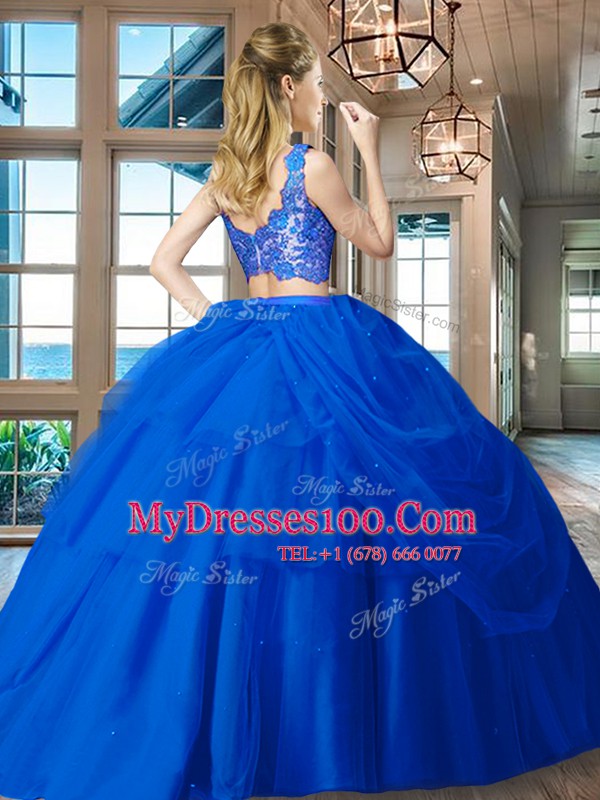 Ruffled Royal Blue Sleeveless Tulle Zipper Quinceanera Gowns for Military Ball and Sweet 16 and Quinceanera