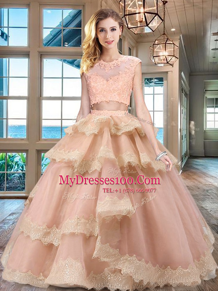 Scoop Cap Sleeves Floor Length Beading and Lace and Appliques and Ruffled Layers Zipper Sweet 16 Dresses with Peach