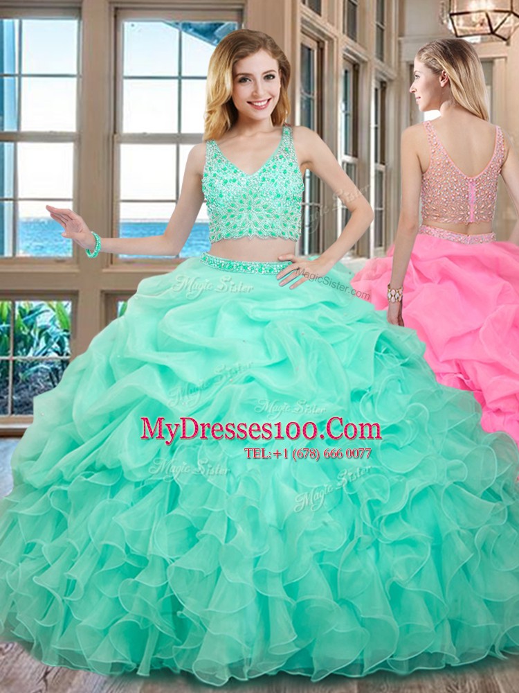 Apple Green V-neck Zipper Beading and Ruffles and Pick Ups 15 Quinceanera Dress Sleeveless