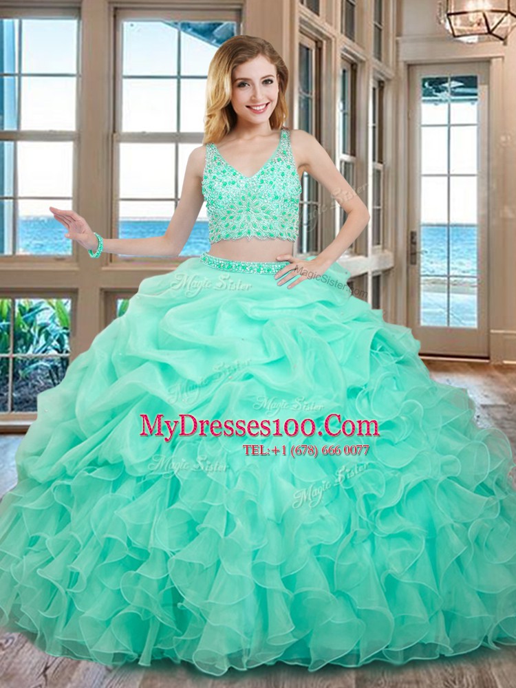Apple Green V-neck Zipper Beading and Ruffles and Pick Ups 15 Quinceanera Dress Sleeveless