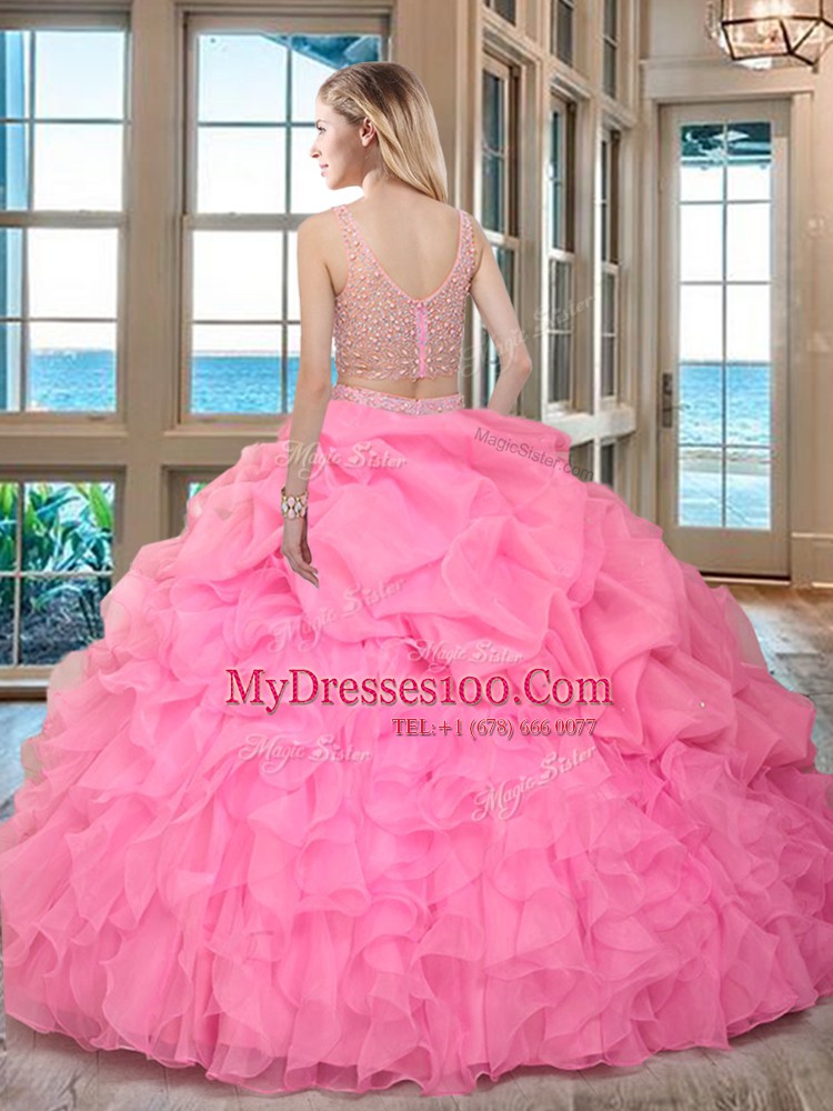 Apple Green V-neck Zipper Beading and Ruffles and Pick Ups 15 Quinceanera Dress Sleeveless
