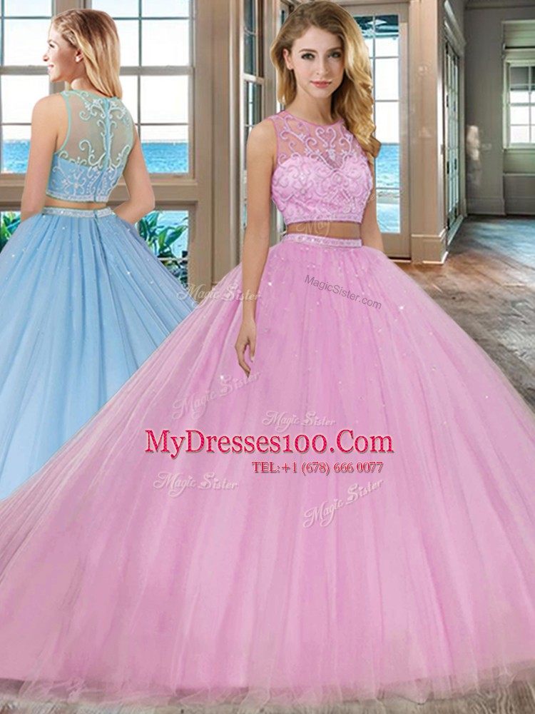 Latest Scoop Lilac Two Pieces Beading Quinceanera Dress Zipper Tulle Sleeveless With Train