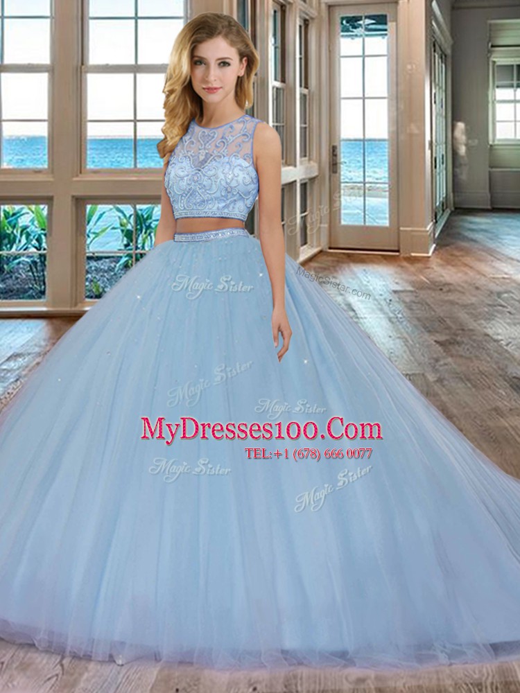 Latest Scoop Lilac Two Pieces Beading Quinceanera Dress Zipper Tulle Sleeveless With Train