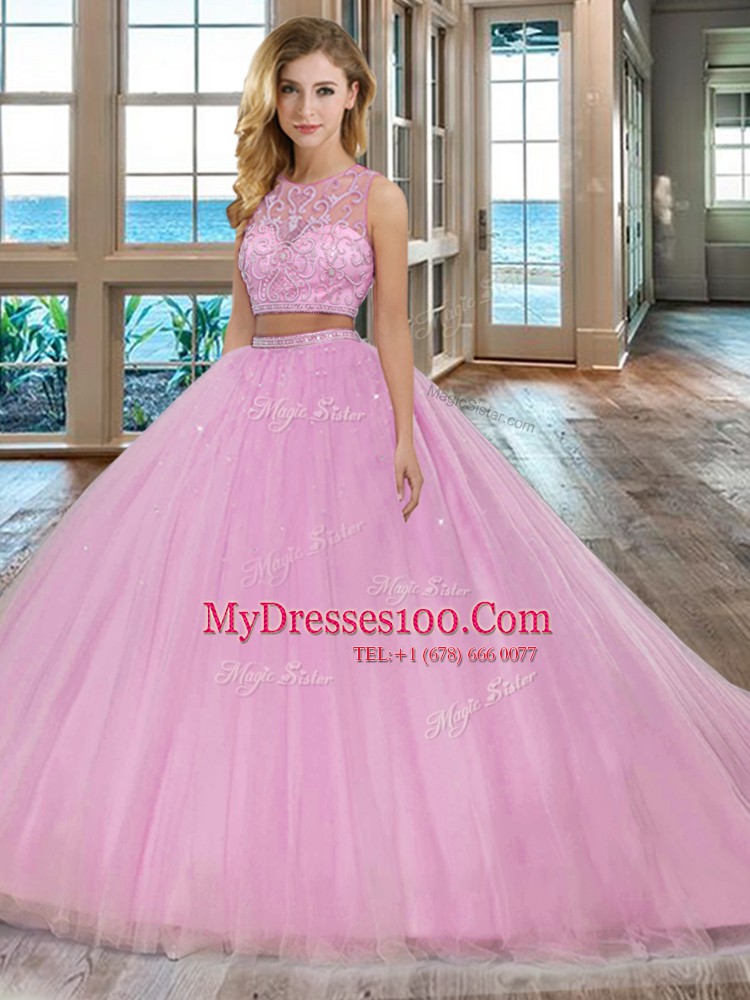 Latest Scoop Lilac Two Pieces Beading Quinceanera Dress Zipper Tulle Sleeveless With Train