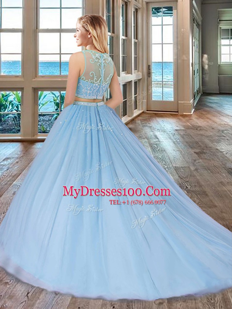 Latest Scoop Lilac Two Pieces Beading Quinceanera Dress Zipper Tulle Sleeveless With Train
