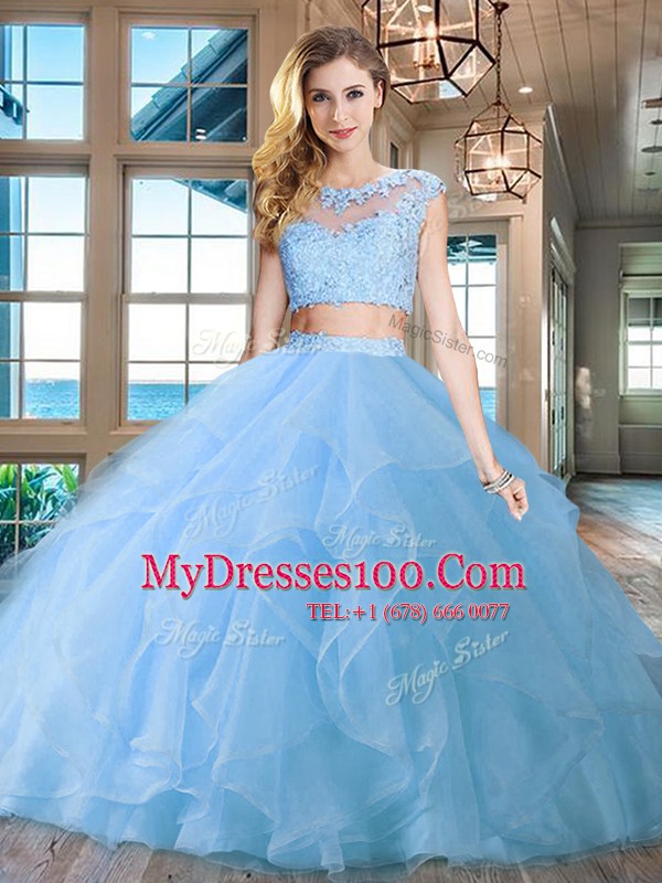 Smart Scoop Light Blue Two Pieces Beading and Appliques and Ruffles Sweet 16 Quinceanera Dress Zipper Organza Cap Sleeves With Train