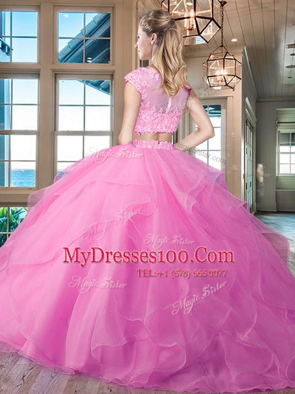 Smart Scoop Light Blue Two Pieces Beading and Appliques and Ruffles Sweet 16 Quinceanera Dress Zipper Organza Cap Sleeves With Train