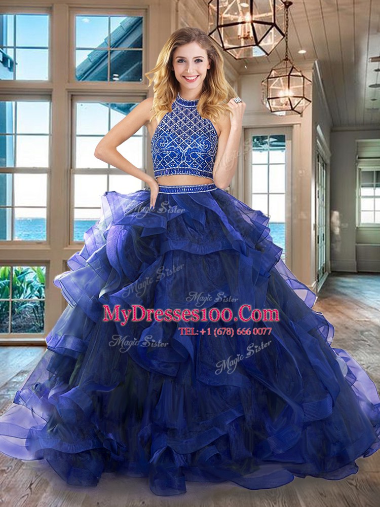 Pretty Halter Top Sleeveless Brush Train Beading and Ruffles Backless Quince Ball Gowns