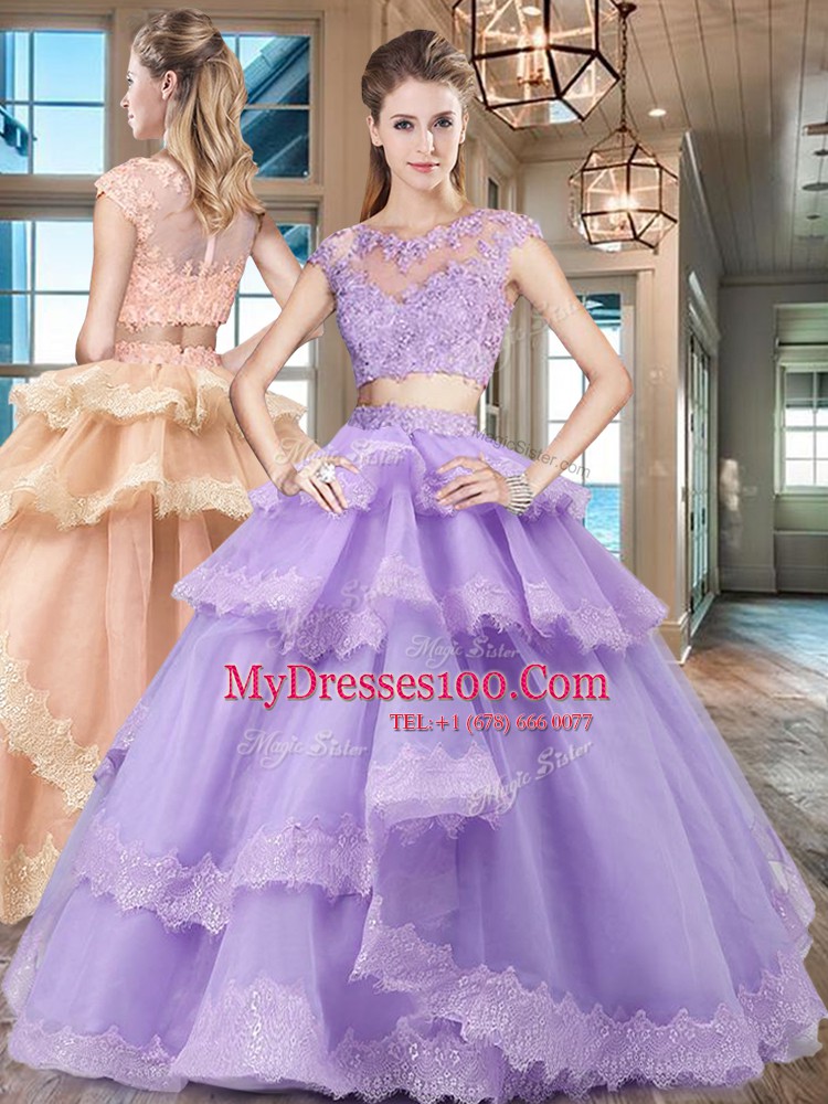 Captivating Lavender Two Pieces Scoop Cap Sleeves Tulle Floor Length Zipper Beading and Lace and Appliques and Ruffled Layers Quinceanera Dress