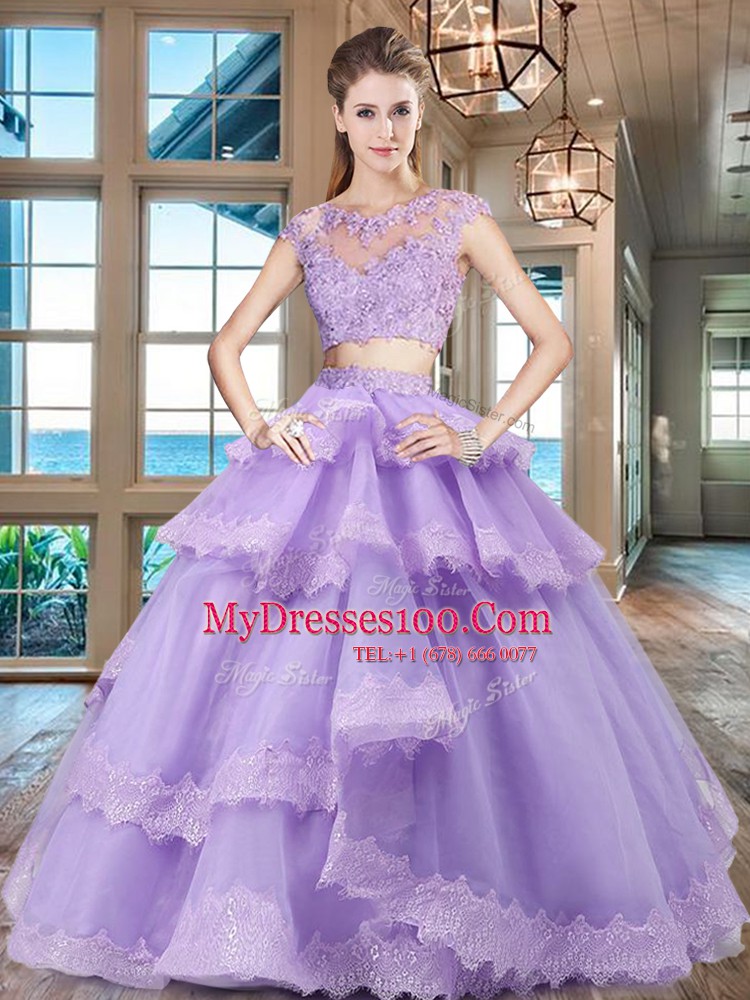 Captivating Lavender Two Pieces Scoop Cap Sleeves Tulle Floor Length Zipper Beading and Lace and Appliques and Ruffled Layers Quinceanera Dress