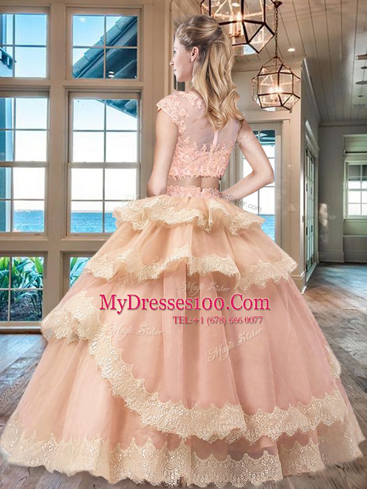Captivating Lavender Two Pieces Scoop Cap Sleeves Tulle Floor Length Zipper Beading and Lace and Appliques and Ruffled Layers Quinceanera Dress