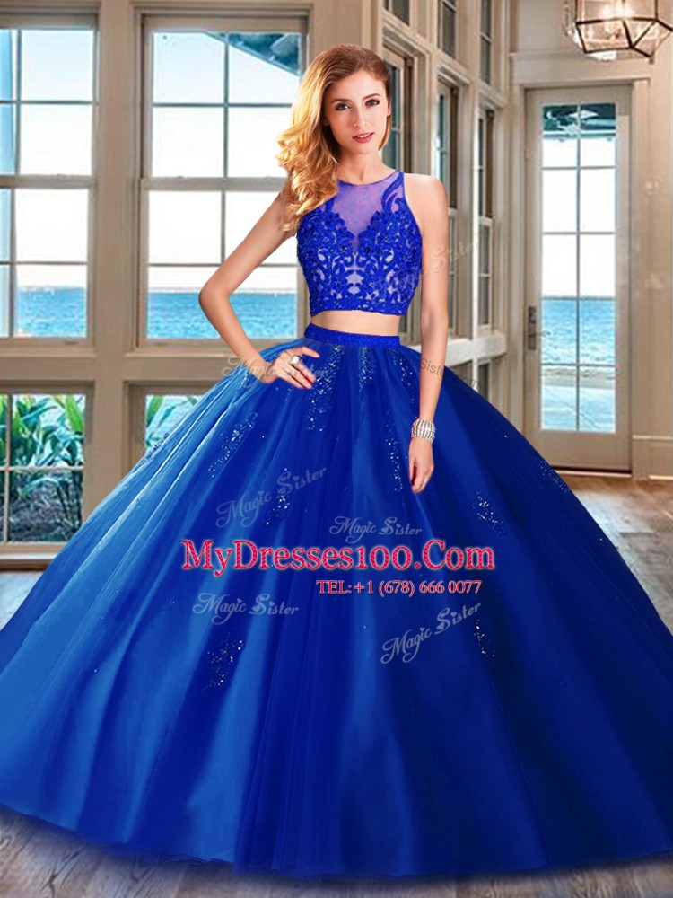 Hot Sale Scoop Royal Blue Two Pieces Appliques 15th Birthday Dress Zipper Tulle Sleeveless Floor Length