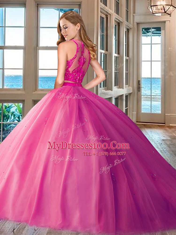 Hot Sale Scoop Royal Blue Two Pieces Appliques 15th Birthday Dress Zipper Tulle Sleeveless Floor Length