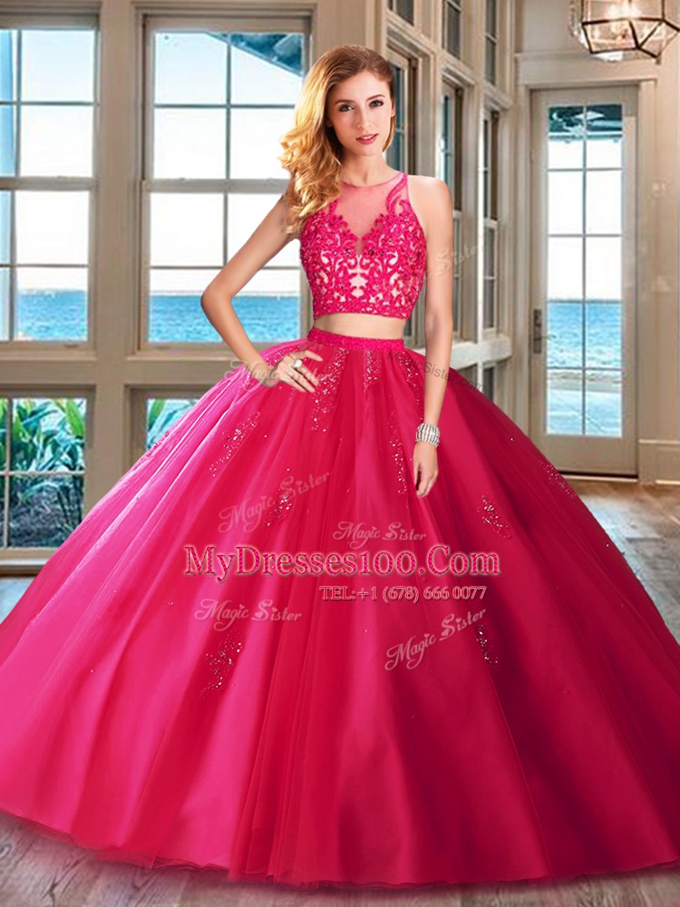 Hot Sale Scoop Royal Blue Two Pieces Appliques 15th Birthday Dress Zipper Tulle Sleeveless Floor Length
