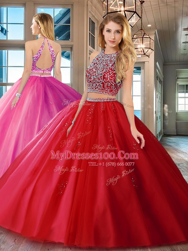 Scoop Backless Red Sleeveless Beading Floor Length Quinceanera Dresses