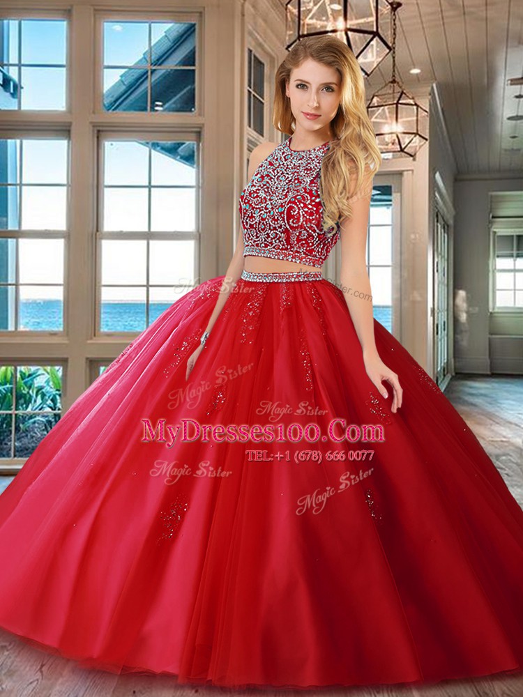 Scoop Backless Red Sleeveless Beading Floor Length Quinceanera Dresses