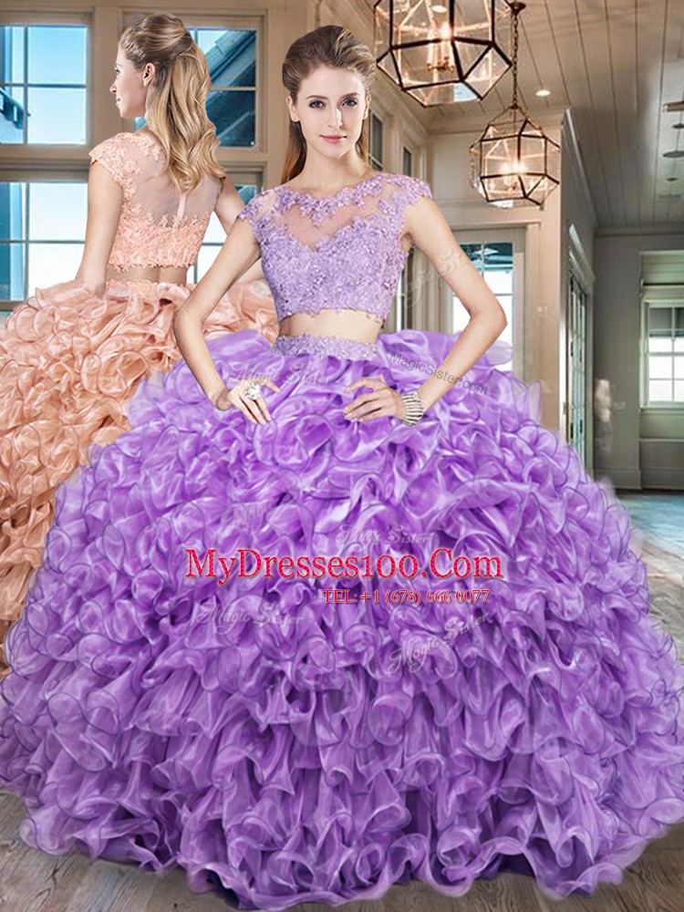 Customized Purple Zipper Scoop Beading and Appliques and Ruffles Quinceanera Dress Organza Cap Sleeves