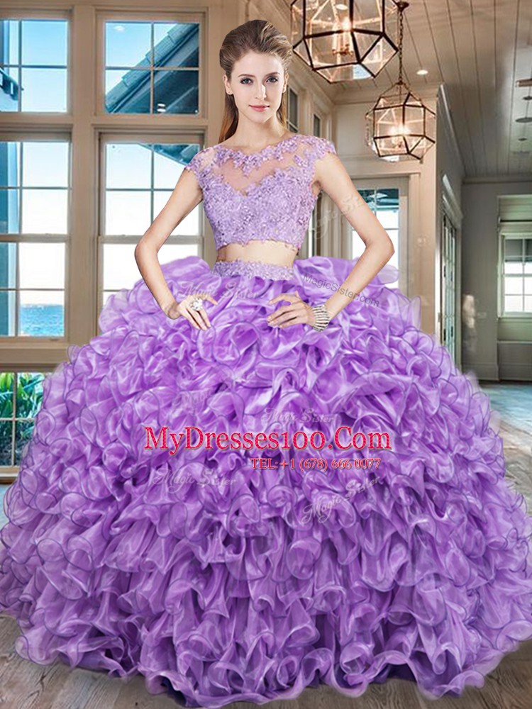 Customized Purple Zipper Scoop Beading and Appliques and Ruffles Quinceanera Dress Organza Cap Sleeves