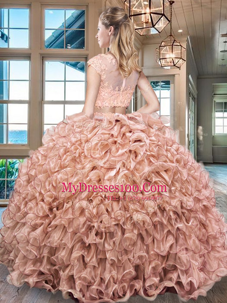 Customized Purple Zipper Scoop Beading and Appliques and Ruffles Quinceanera Dress Organza Cap Sleeves