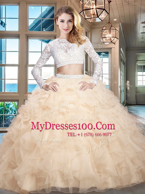Chic Champagne Scoop Neckline Beading and Lace and Ruffles Vestidos de Quinceanera Long Sleeves Zipper
