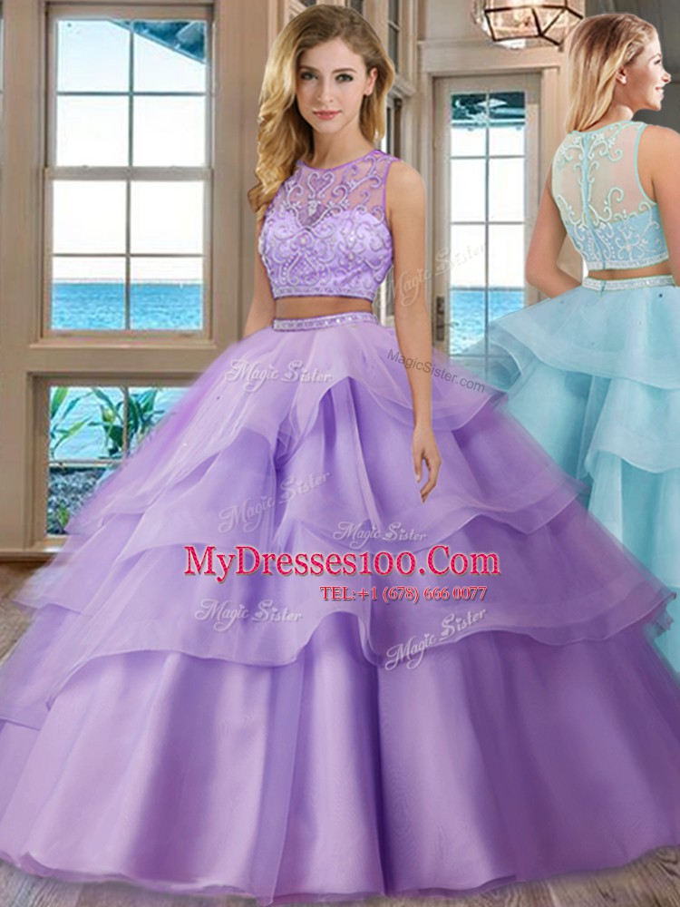 Glittering Scoop Sleeveless Zipper Floor Length Beading and Appliques and Ruffled Layers Ball Gown Prom Dress