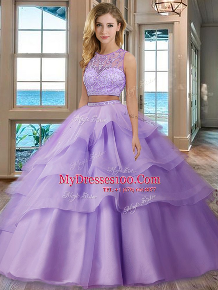 Glittering Scoop Sleeveless Zipper Floor Length Beading and Appliques and Ruffled Layers Ball Gown Prom Dress