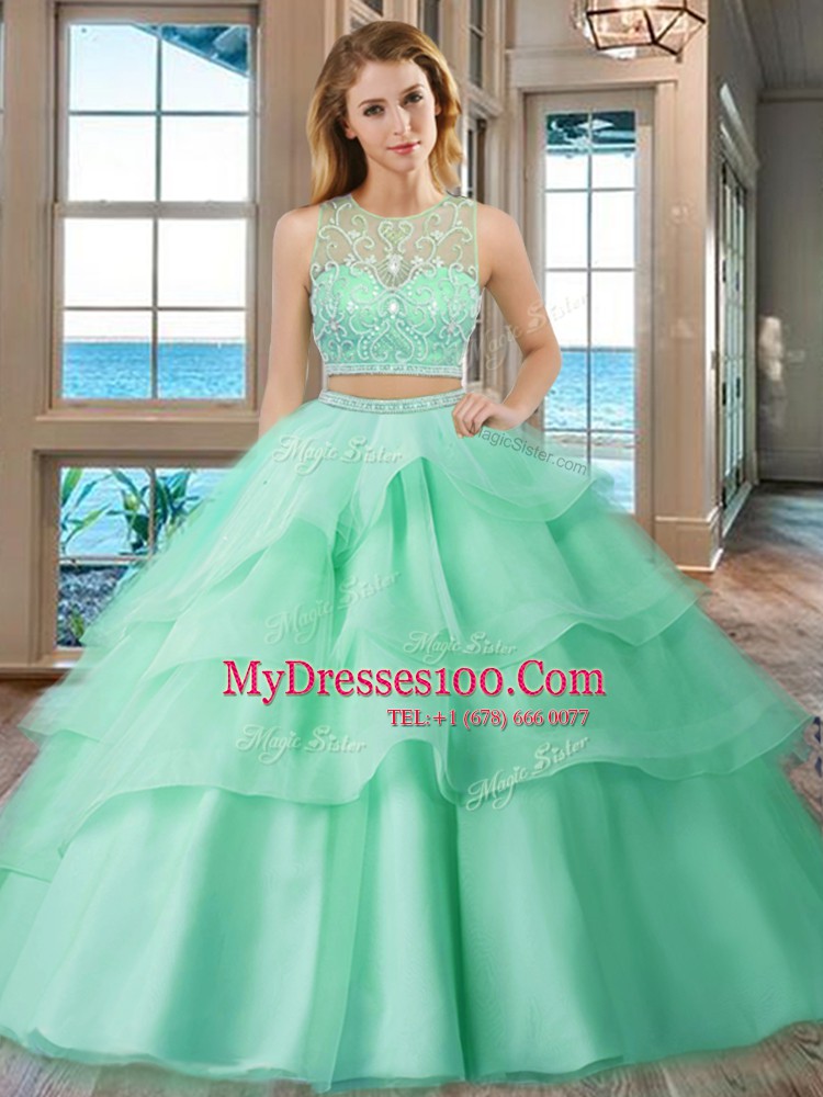 Glittering Scoop Sleeveless Zipper Floor Length Beading and Appliques and Ruffled Layers Ball Gown Prom Dress